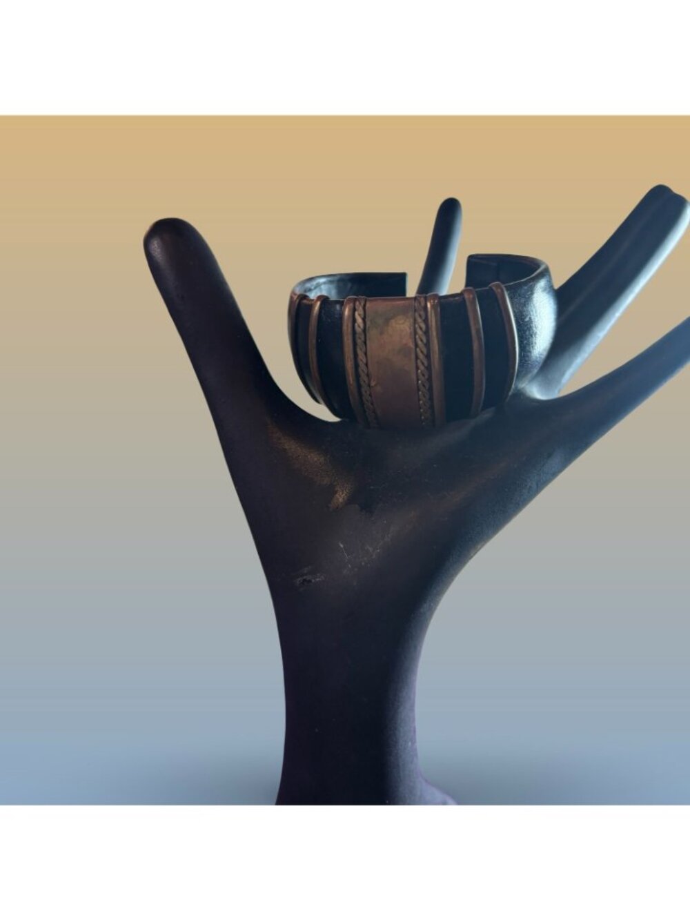 Brass Leather Wide Cuff Bracelet Tribal Inspired Adjustable Open Band Vintage - Picture 5 of 8